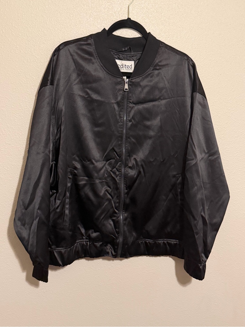 Edited by Remi Bader Women's Black Satin Bomber Jacket - Zip Front 3x
